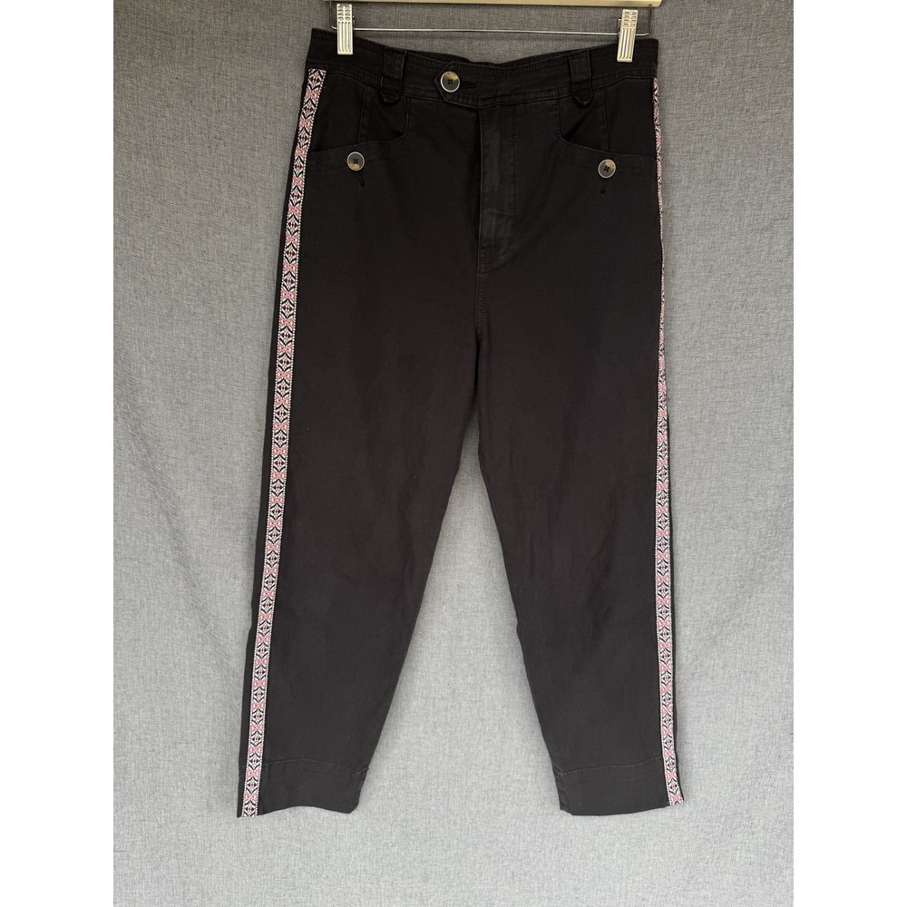 Anthropologie Canvas Embroidery Side Seam Trouser Ankle Pants Size 4 Grey‎ Aztec